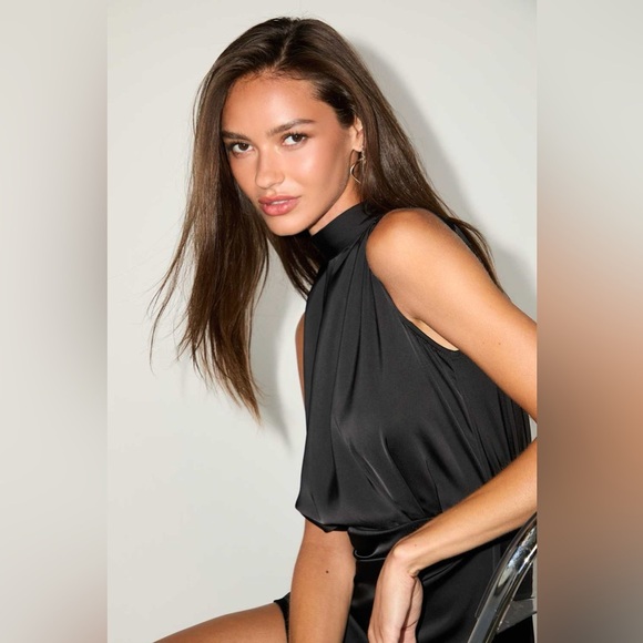 LULU’S Classic Elegance Black Satin Sleeveless Mock Neck Mini Dress - Picture 2 of 7